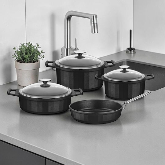 Set De Oale Și Tigaie Vision 7 Piese Cu Capace Din Sticlă Negru 26cm