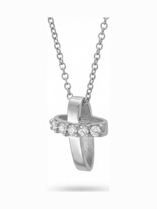 Kiriakos Gofas Γυναικείος Λευκόχρυσος Σταυρός 9Κ Διπλής Όψης με Αλυσίδα