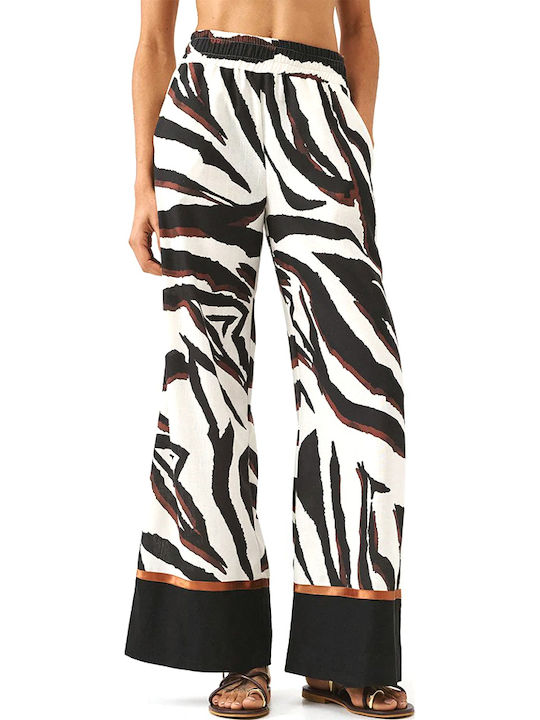 Access Women's High Rise Fabric Trousers with Elastic Waist in Straight Leg Leopard Ecru-Brown-Black Access Women's High Rise Fabric Trousers with Elastic Waist in Straight Leg Leopard Ecru-Brown-Black