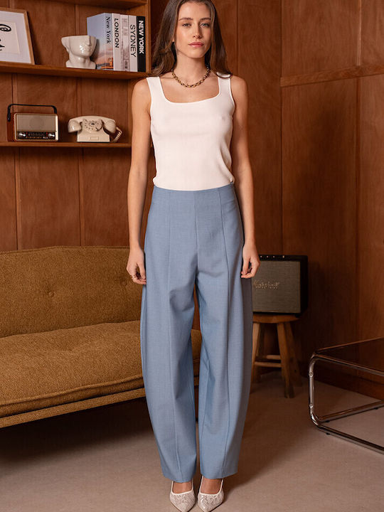 Women's High Rise Fabric Trousers in Balloon Leg Style Blue
