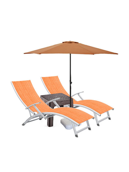 Șezlong Aluminiu Portocaliu Set Cu Masă 2 Buc 170x52cm