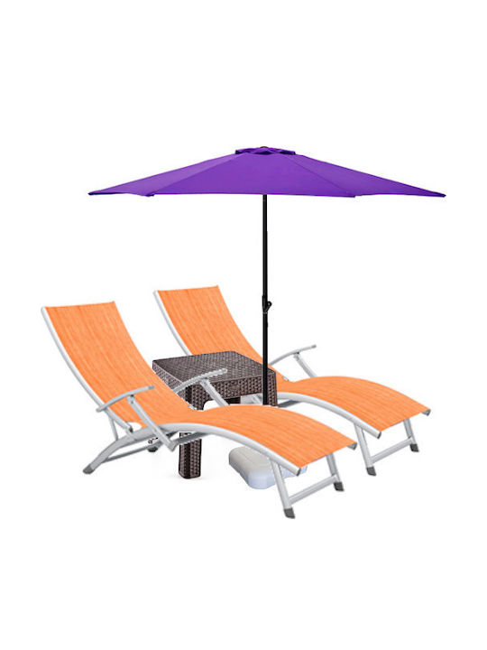Șezlong Aluminiu Portocaliu Set Cu Masă 2 Bucăți 170x52cm