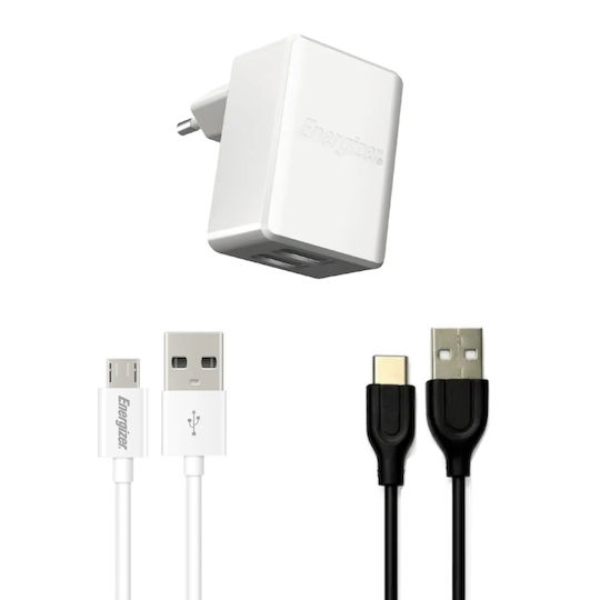 Energizer Charger with 2 USB-A Ports and micro USB Cable White (ACW2CEUUMC3 & Hoco USB to USB-C 3A Cable)