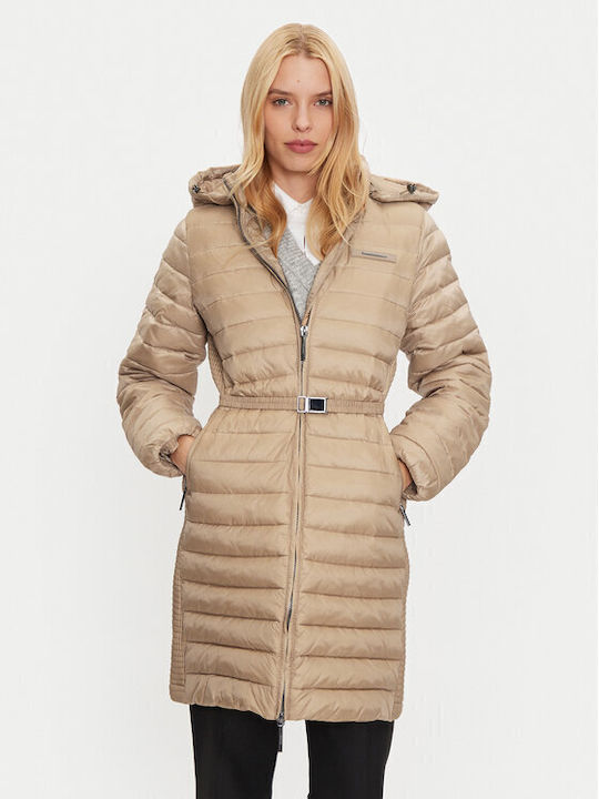 Μακρύ Γυναικείο Puffer Μπουφάν για Χειμώνα Beige