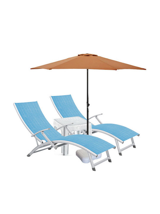 Șezlong din Aluminiu Albastru Set cu Masă 2 Bucăți 170x52 cm