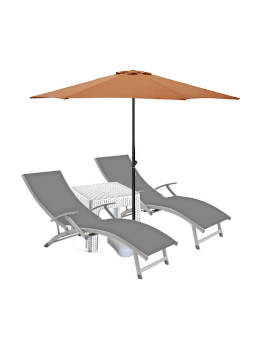 Șezlong din Aluminiu Gri Set cu Masă 2 Bucăți 170x52 cm