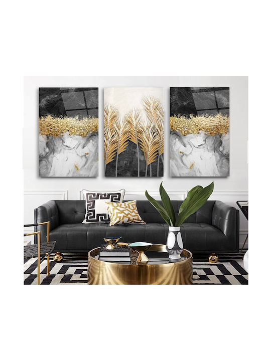 Threefold Glass Set With Marble Background and Gray Flowers (60x90cm)