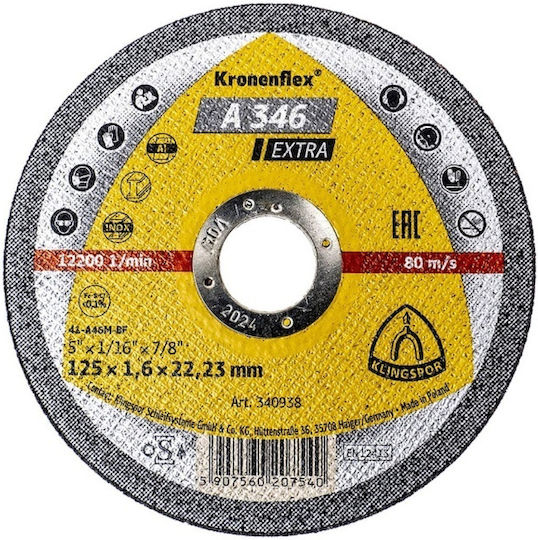 Disc De Tăiere Din Oțel Inoxidabil Pentru Metal Klingspor A 346 Extra 125 X 1.6 X 22.23 Mm Ext 340938