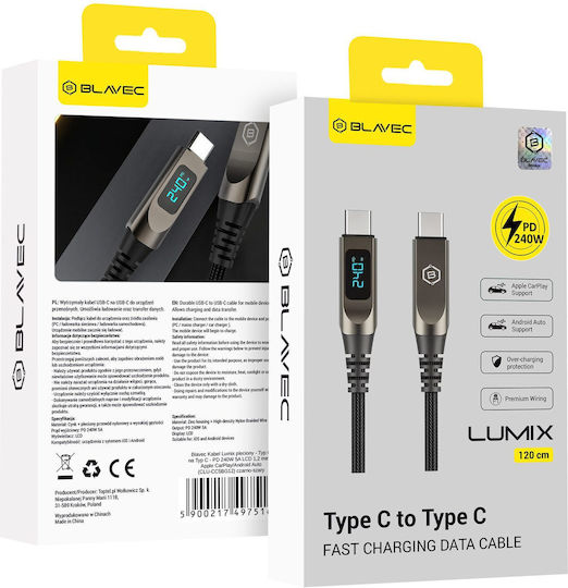 Blavec LED / Braided USB 2.0 Cable USB-C male - USB-C 240W Γκρι 1.2m