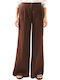 Women's High Rise Linen Pantaloons in Wide Leg Style Brown