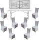 Set de Mobilier Raki Event Catering Masă Pliabilă Dreptunghiulară 180x76xh74cm Blat Complet 8 Scaune 44x42xh92cm Huse Textile Plastic Metal Alb