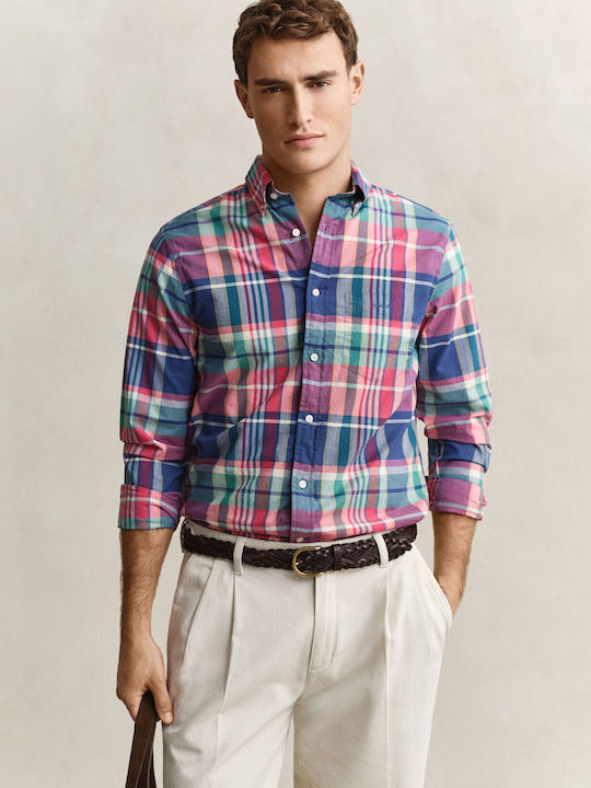 Long Sleeve Cotton Shirt in Regular Fit Checked Red