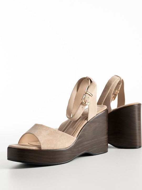 Bozikis Damenplattformen Look Alike Holzsohle Weiblich Bs-22 Beige Synthetisches Suede