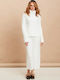 Set Tricotat Pantaloni Bluza Guler Înalt Alb Mărime One Size