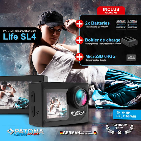 Patona Life SL4 5K Action Camera 5K Underwater Batteries + Dual Charger + 64GB Card + Accessories with 2" Black Screen