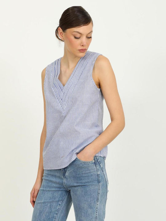 Women's Cotton Blouse with V-Neck Striped Blue