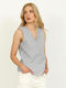 Women's Cotton Blouse with V Neckline Striped Black