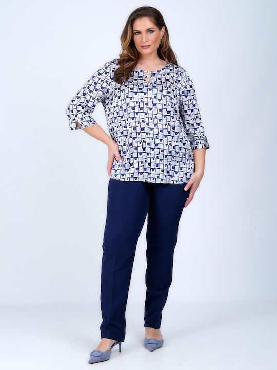 Dina Dina Damen Bluse Satin mit 3/4 Ärmel Blau