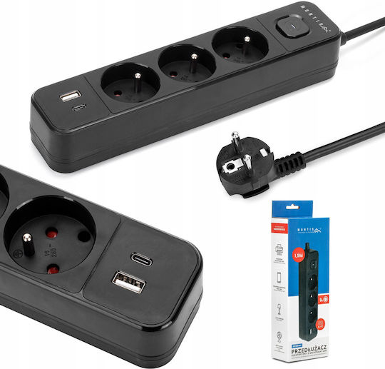 Montis Power Strip 3 Sockets with USB-A and 5m Cable