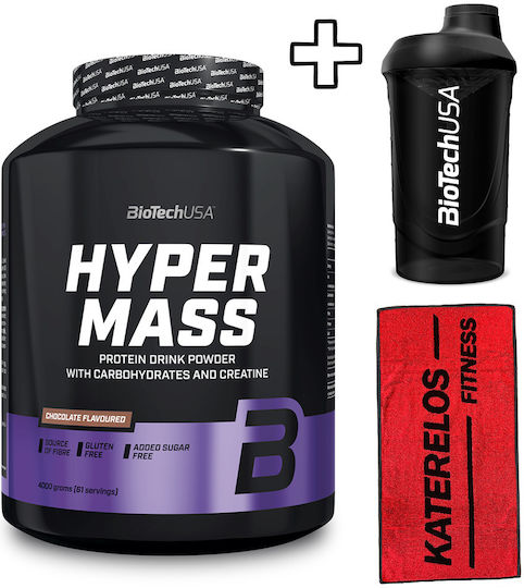 Biotech Usa Hyper Mass 4000g Chocolate & Katerelos Fitness Sports Towel 100x50cm Red Black & Biotech Usa Wave Shaker 600ml Opal White Custom Bundle