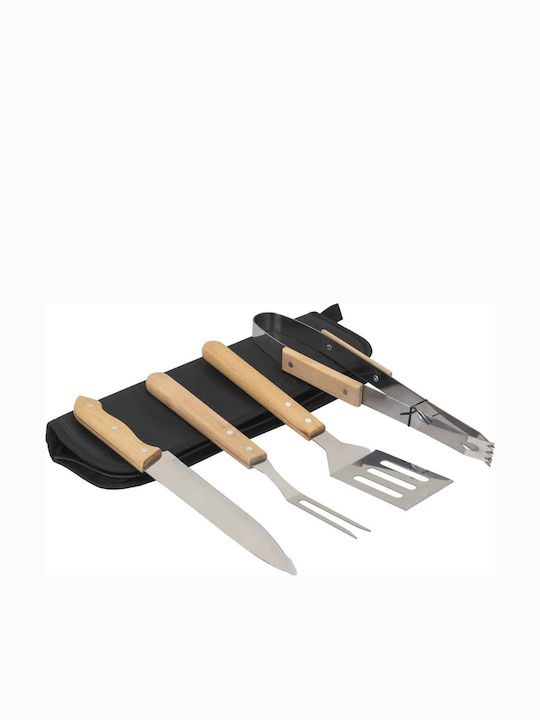 Set Din 4 Piese Din Oțel Inoxidabil Cu Mâner Din Lemn Pentru Grătar Plus Husă De Depozitare Zts 8337