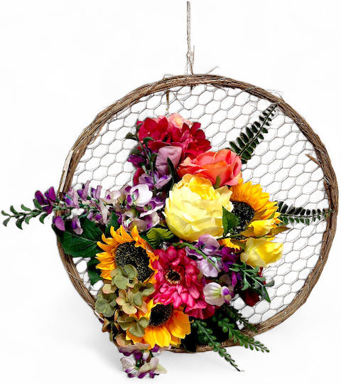 Artificial Wreath Branch Mesh Decorated Multicolour Flowers 40cm