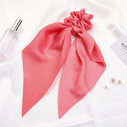 Avizar Scrunchie Eșarfă Lungă Păr Satin Nod Dublu Zburător Roz Coral Coral