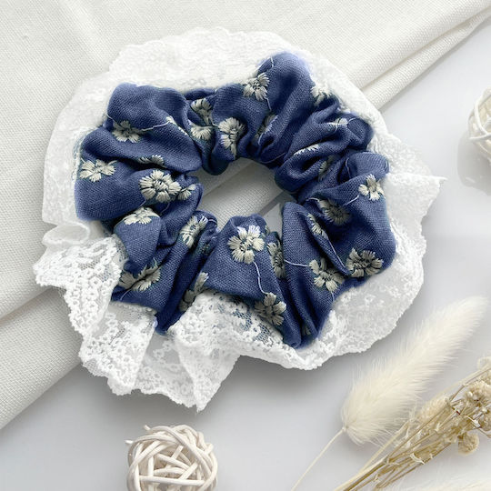 Avizar Classic Scrunchie Elastic Pentru Păr Din Dantelă Denim Casual Albastru Albastru