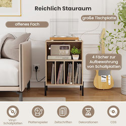 Costway Plattenteller Stand Lade- und Regal mit 4 Vinyl-Schallplatten-Trennwänden Beistelltisch Für Plattenspieler Natur Jv12882de-na