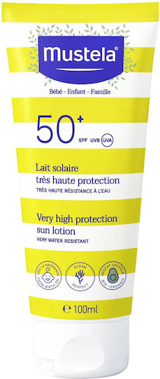 Mustela SPF50+ Αδιάβροχο Βρεφικό Αντηλιακό Γαλάκτωμα για Πρόσωπο & Σώμα 100ml