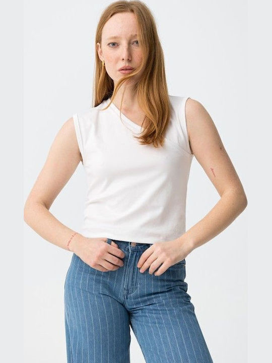 Γυναικείο Crop Top Βαμβακερό Αμάνικο με V Λαιμόκοψη White