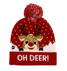 Christmas Hat Led Lighting Reindeer Pattern Red Pom-pom Knitted Warm One Size 21x20 Cm