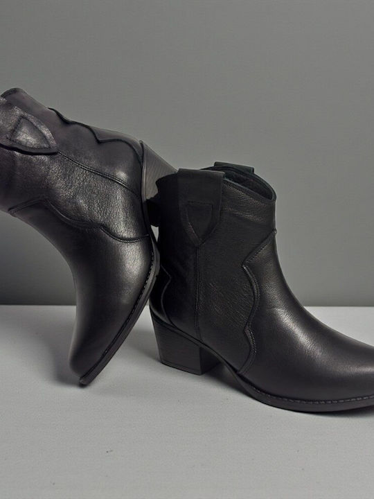 Leather Women's Ankle Boots Cowboy with Medium Heel Black