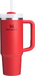 Stanley Quencher H2.0 FlowState Handled Tumbler Thermos Bottle Stainless Steel BPA Free 890ml Red With Straw And Handle