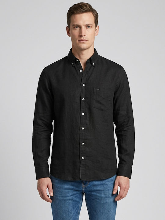 Long Sleeve Linen Shirt in Regular Fit Black
