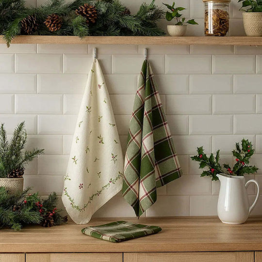 Set Of Kitchen Towels Holly Cotton Design Mistletoe & Check 2 Pieces Pgst0065