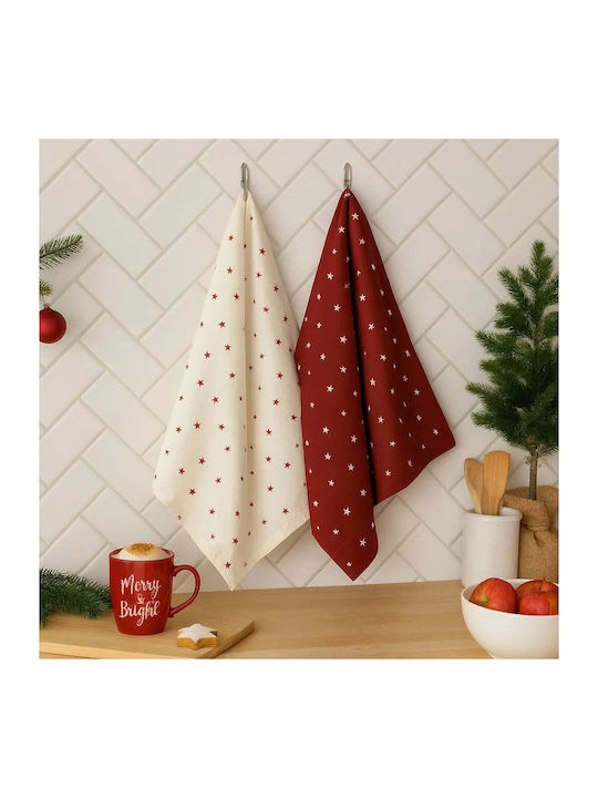 Set Of Christmas Cotton Kitchen Towels Stars 2 Pieces Pgst0066