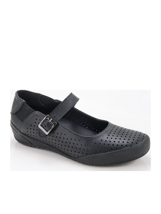 Leather Women's Ballerina Shoes With Strap in Black Colour