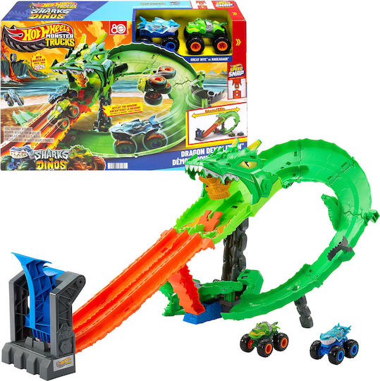 Hot Wheels Dinosaurs Track Monster Truck Track Sharks vs Dinosaurs Dragon Race 1:64 for Ages 4+