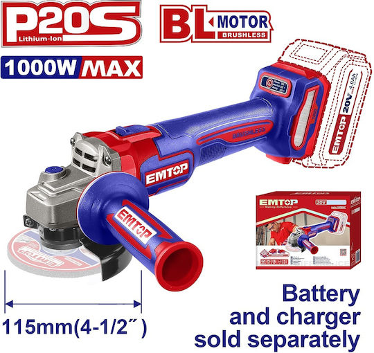 Emtop ELAG27153E Angle Grinder 115mm Battery Brushless 20V Solo