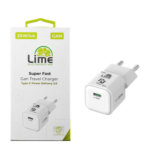 Lime Φορτιστής Χωρίς Καλώδιο GaN με Θύρα USB-C 25W Power Delivery Λευκός (LGC25W)