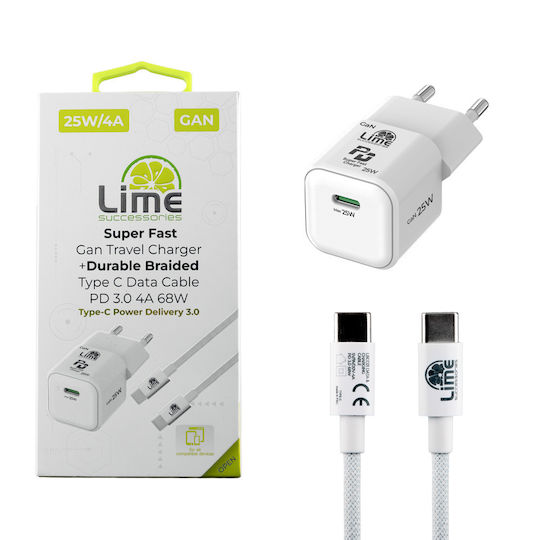 Lime Φορτιστής GaN με Θύρα USB-C και Καλώδιο USB-C - USB-C 25W Power Delivery Λευκός (LGC25W)