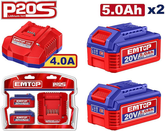 Emtop Σετ 2 Μπαταριών Εργαλείου Λιθίου 20V Χωρητικότητας 5Ah με Φορτιστή