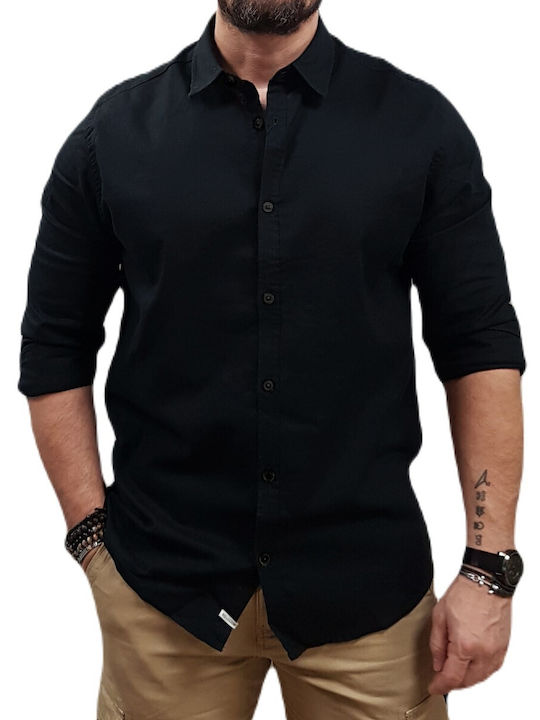 Rebase Long Sleeve Linen Shirt in Regular Fit Black