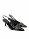 Pointed Toe Heels in Patent Leather with Strap Black