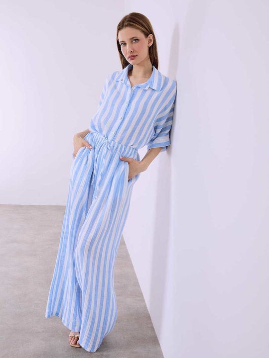 Celestino Γυναικεία Παντελόνα Βαμβακερή Ριγέ Loose Fit Γαλάζιο Celestino Γυναικεία Παντελόνα Βαμβακερή Ριγέ Loose Fit Γαλάζιο