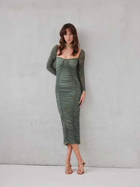 Midi Βραδινό Φόρεμα με Τούλι Khaki