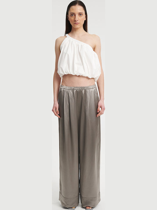 Eleh Women's Satin Trousers with Rubber Band Silver