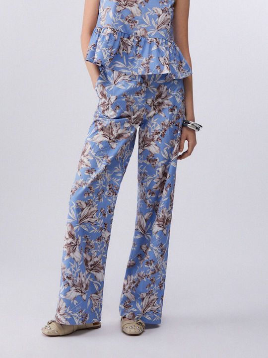 Pantaloni Dama Largi Stil Palazzo Fit Floral Albaștri