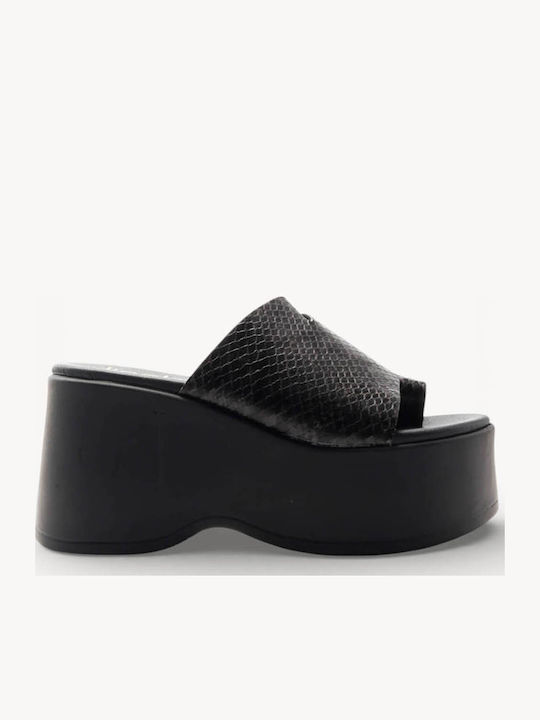 Schwarze Leder Mule Damenplattformen Snake-Optik